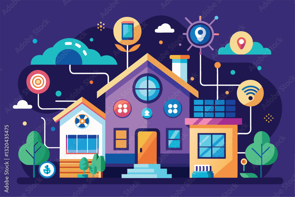 Poster a colorful representation of a customizable smart home with tech features and playful designs, smart