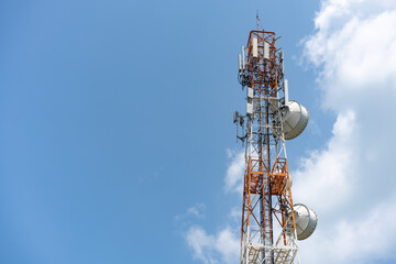 A telecommunications tower with antennas against a blue sky with white clouds.