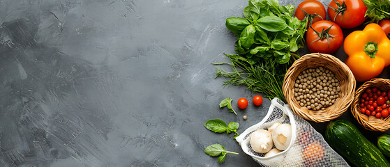 Fresh vegetables and herbs in zero waste mesh produce bag kitchen flat lay photography natural lighting sustainable living concept