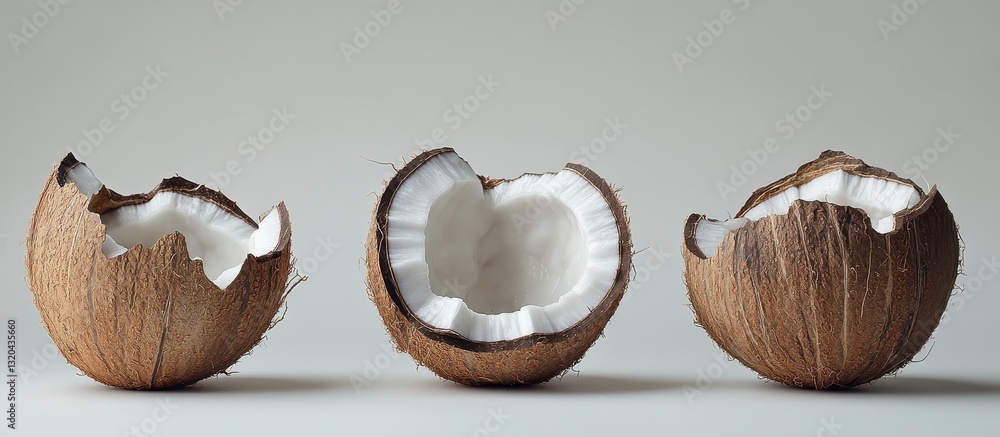 Aufkleber fresh coconuts with broken shells displayed on a neutral background, showcasing the white flesh insi