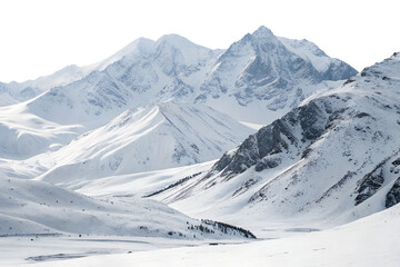 Fototapeta premium Snowy Mountain Range Landscape, Perfect for Winter Escapes on transparent background