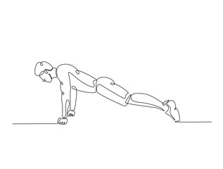 Continuous line art drawing of man doing push up illustration. Fitness activity concept in one line drawing vector design. Editable stroke.