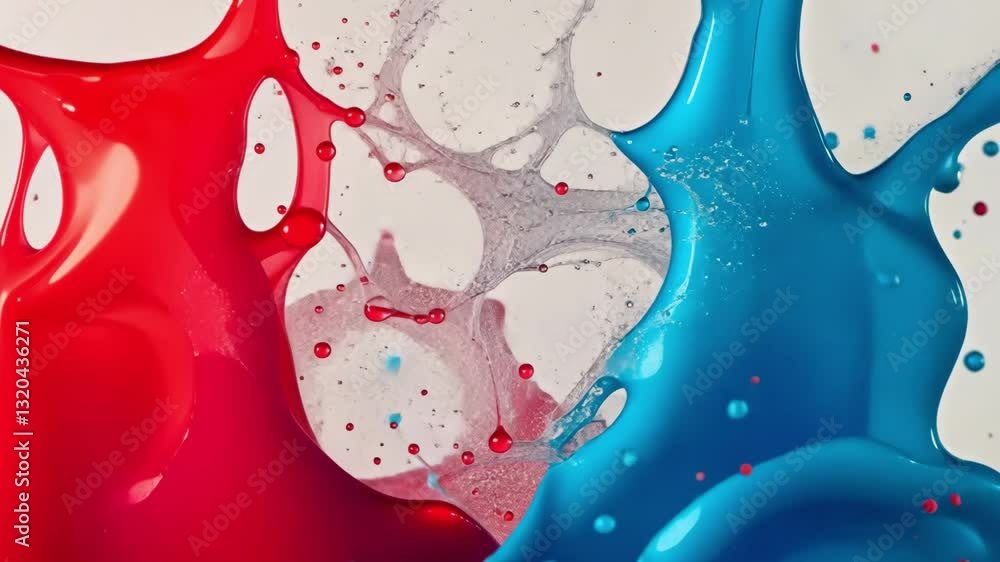 Poster dynamic splash of red and blue liquid colliding creating a high-speed fluid explosion effect
