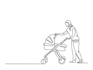 Continuous line art drawing of young mom walking with baby stroller illustration. Mother with baby carriage in one line drawing vector design. Editable stroke.