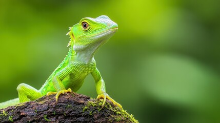 Naklejka premium A vibrant green lizard posing regally on a wooden branch