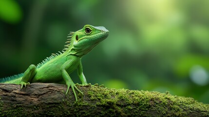 Fototapeta premium A vibrant green lizard perched on a mossy log calmly observing