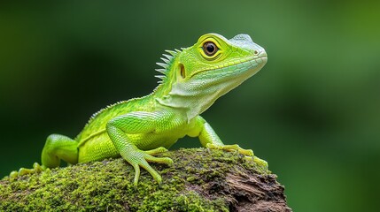 A beautiful green lizard perched on a mossy log