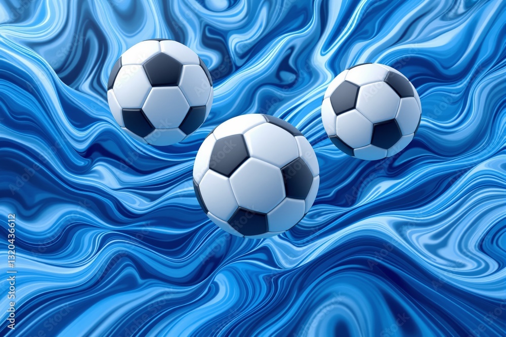 Poster three floating soccer balls on a creative abstract blue liquid background. the fluid patterns enhanc