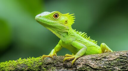 Fototapeta premium A striking green lizard resting on a moss covered branch
