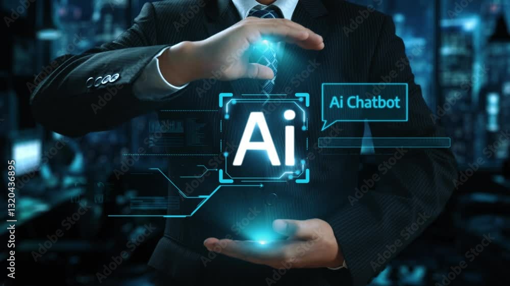Poster human interact with ai artificial intelligence virtual assistant chatbot in concept of ai artificial