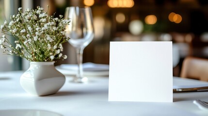 Blank card sits on a table with flowers. Perfect for menu, price list, or event details.