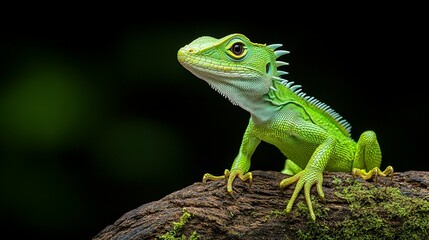 Obraz premium The vibrant green lizard is perched on a textured wooden log