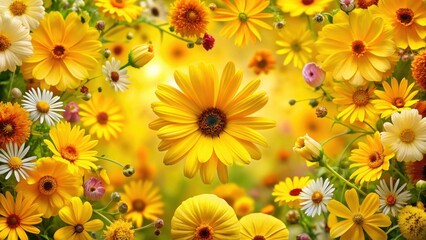 Vibrant yellow wildflowers bloom in every direction, covering the entire frame with a kaleidoscope of colors and delicate petals, garden blooms, blossoming flowers