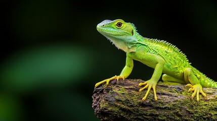 Fototapeta premium A vibrant green lizard perched upon a mossy wooden branch