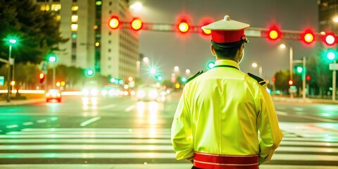 Obraz premium Silhouette Traffic Police Officer, Traffic Light, City Night, Urban Scene, Dark Photography, Dramatic Lighting