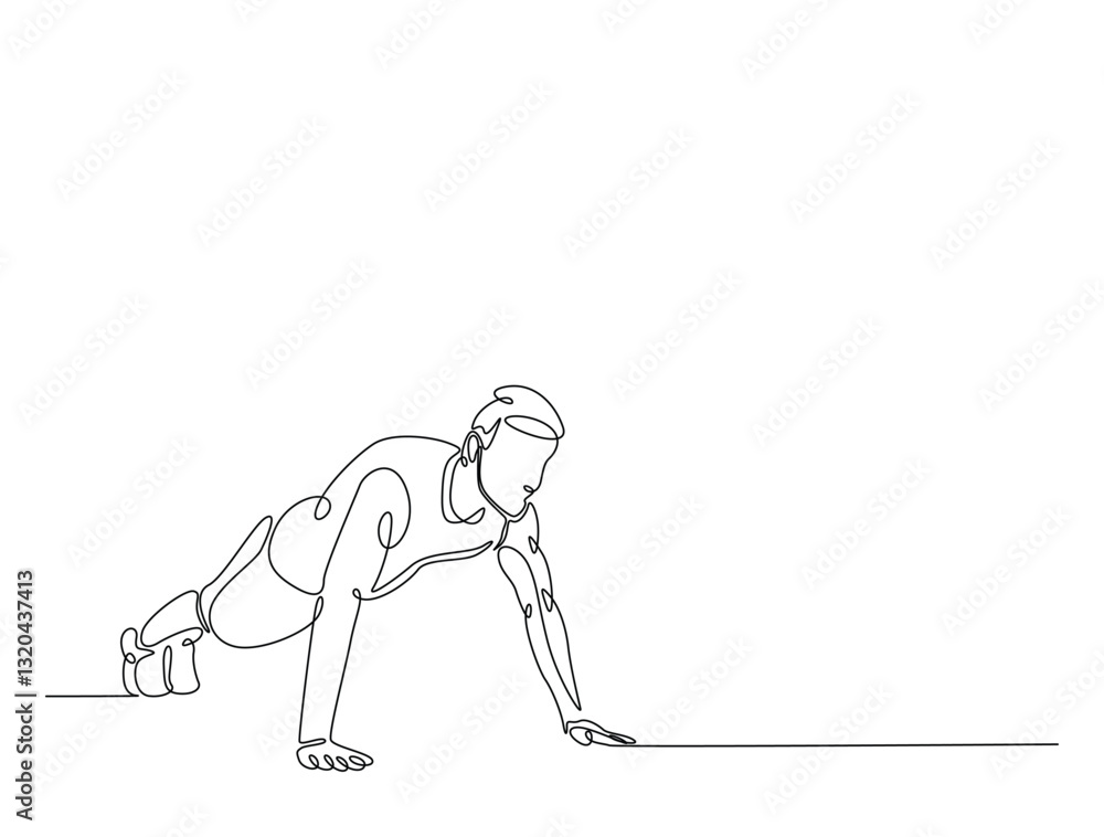 Poster continuous line art drawing of man doing push up illustration. fitness activity concept in one line 
