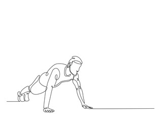 Continuous line art drawing of man doing push up illustration. Fitness activity concept in one line drawing vector design. Editable stroke.
