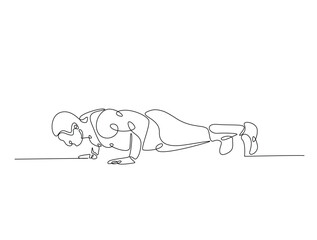 Continuous line art drawing of man doing push up illustration. Fitness activity concept in one line drawing vector design. Editable stroke.