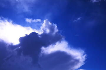 太陽光に浮かび上がる黒い雲と透き通るような白い雲