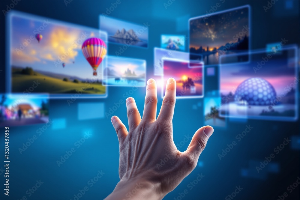Poster a hand reaching towards floating digital images on a futuristic blue background, symbolizing virtual