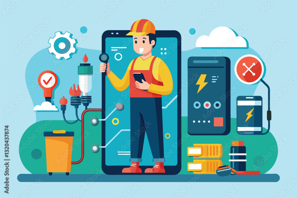 Poster a technician uses tools and equipment to troubleshoot a smartphone in a dynamic workspace, smartphon