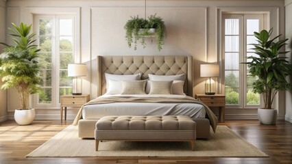 Fototapeta premium A serene bedroom with a plush beige bed featuring a high-quality mattress, surrounded by soft, calming hues and natural textures, comfortable mattress, cozy bed