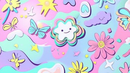 110.A fun and colorful set of Y2K-style stickers, featuring bold designs like smiling faces, butterflies, daisies, and waves. The illustrations use a pastel color palette with accents of neon pink,