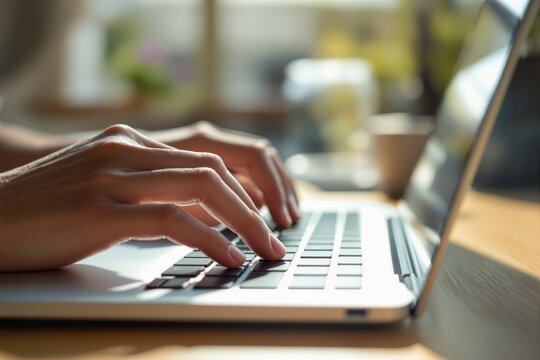 Hands typing on a laptop keyboard with a blurred background, illuminated by warm sunlight. Concept of remote work, freelancing, or online communication. Ai generative