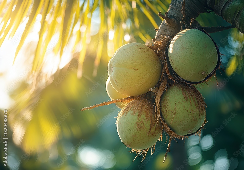 Poster fresh young coconuts hanging from a palm tree in a tropical setting with sunlight and lush greenery 