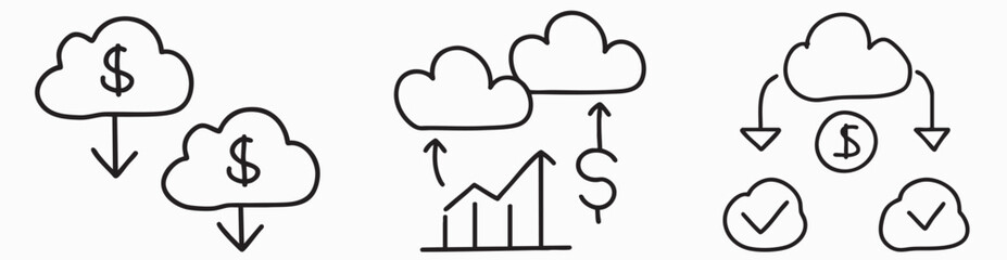 Cloud computing cost efficiency server concept. Illustrations featuring money, growth, and transactions.