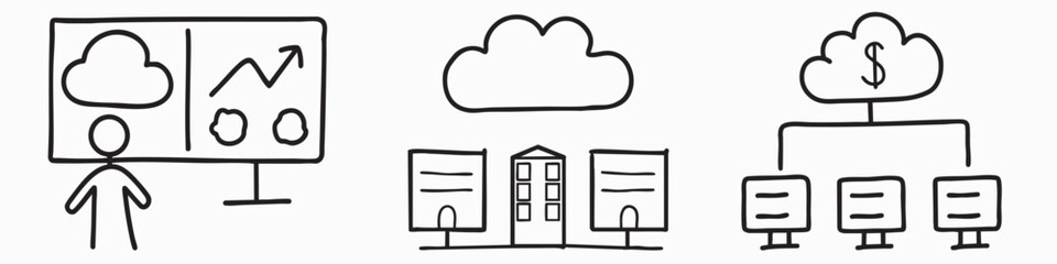 Cloud computing cost efficiency server concept. Illustrated with graphs, buildings, and network connections.