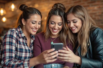 Obraz premium Three happy young women sitting closely, looking at a smartphone and smiling in a cozy cafe setting with warm lighting and a blurred brick wall background. Ai generative