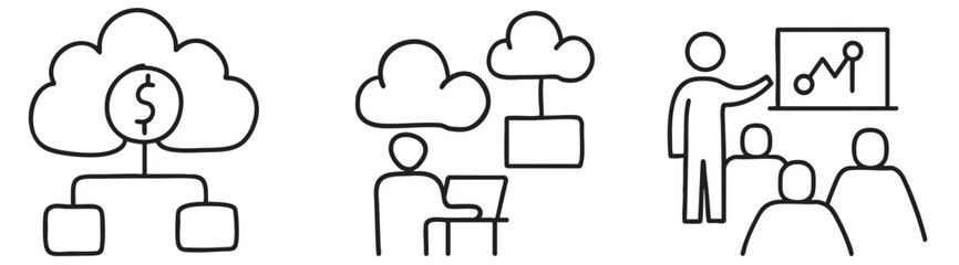 Cloud computing cost efficiency server concept. Illustration of financial growth, and business training.
