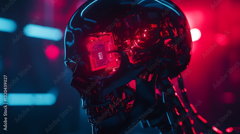 Poster metallic skull with glowing circuitry and cybernetic design in futuristic setting