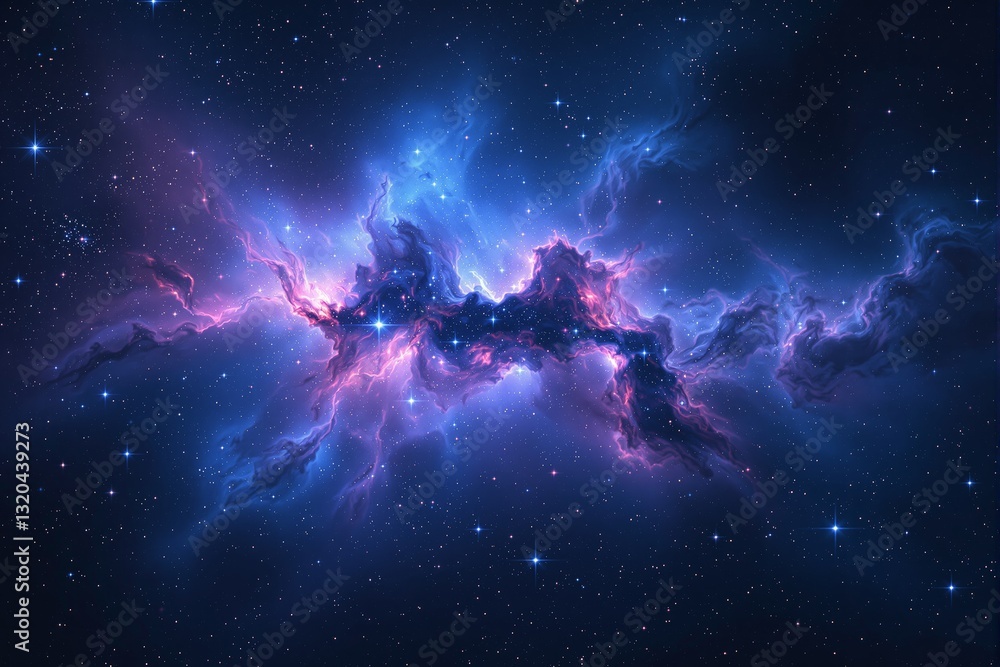 Poster cosmic nebula with glowing blue and purple gaseous clouds in deep space, surrounded by countless sta