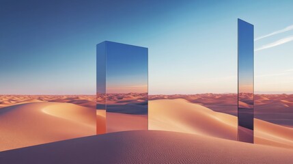 17.A minimalist desert vista with expansive sand dunes, interrupted by mirrored geometric shapes that capture and reflect the clear, uninterrupted horizon, creating a peaceful yet otherworldly