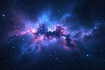 Obraz premium Cosmic nebula with glowing blue and purple gaseous clouds in deep space, surrounded by countless stars, creating a creative celestial background. Ai generative