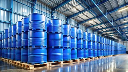 Industrial blue oil barrels stacked in a warehouse