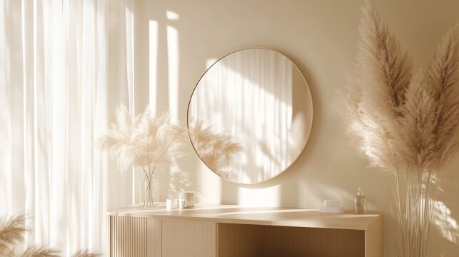 37.3D Render Close Up Blank Empty Space on Modern Beige Dressing Table with Round Mirror, Decor Dried Pampas Grass with Blowing White Sheer Curtains, Morning Sunlight, Foliages