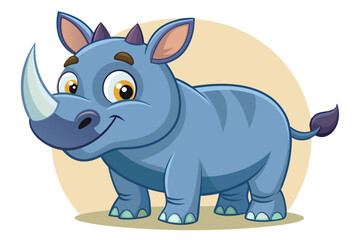 Fototapeta premium A smiling cartoon rhino stands happily, showcasing a playful demeanor with a light, cheerful backdrop, Smiling cartoon rhino standing