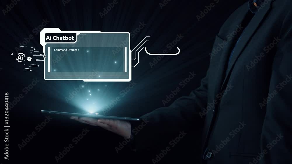 Poster human interact with ai artificial intelligence virtual assistant chatbot in concept of ai artificial
