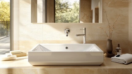 Fototapeta premium 2.A spacious bathroom with a large rectangular mirror mounted on a beige wall, reflecting soft light from a nearby window, and surrounded by modern fixtures like a chrome faucet and a simple white
