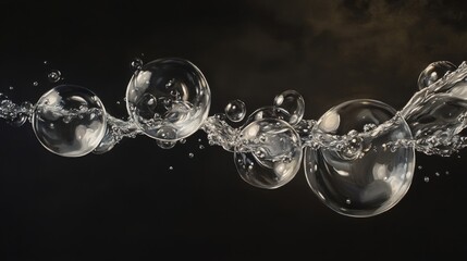 9.A surreal scene with transparent bubbles suspended in mid-air against a dark, moody black background, capturing the intricate light reflections and delicate curves of the bubbles.