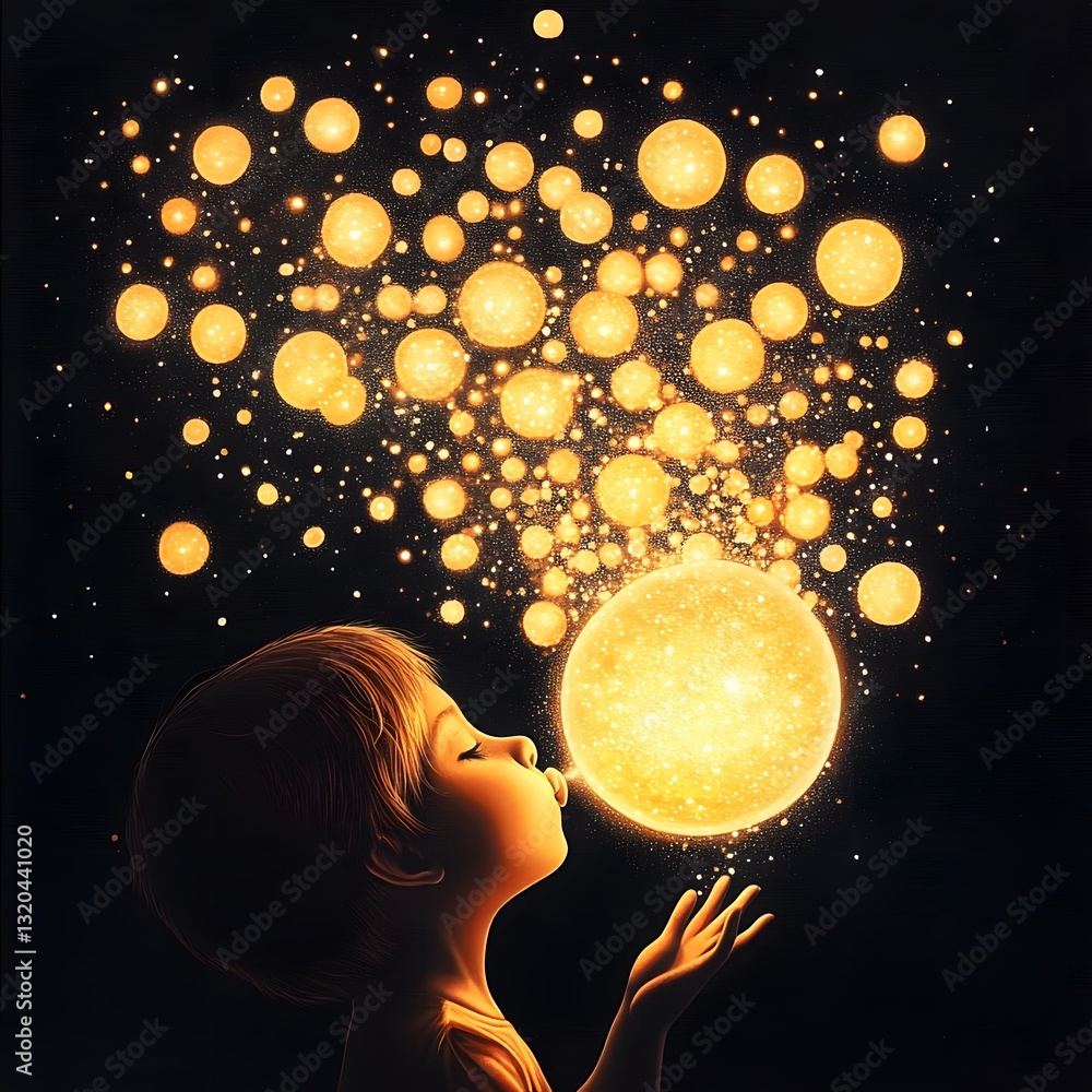 Poster a child blowing bubbles that turn into tiny glowing planets floating around them