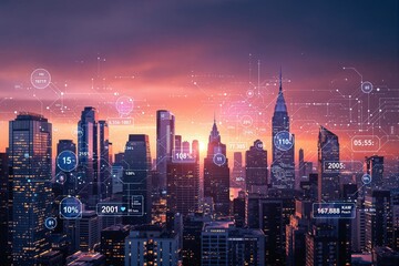 Modern city skyline with digital data elements overlay, futuristic interface, at sunset background. Concept of smart city, technology, innovation. Ai generative