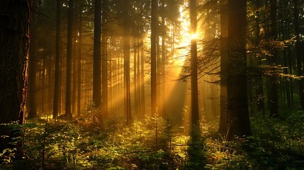 Fototapeta premium A dense mystical forest with golden sunlight piercing through the tall ancient trees