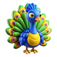 peacock with feathers 3d character in cartoon plastic style minimal isolated on transparent white background, clipping path
