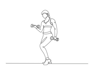 Continuous line art drawing of beautiful woman workout using barbell. woman training in sport gymnasium club center in one line drawing illustration. Editable stroke.