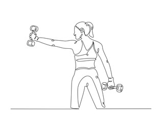 Continuous line art drawing of beautiful woman workout using barbell. woman training in sport gymnasium club center in one line drawing illustration. Editable stroke.
