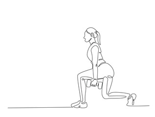 Continuous line art drawing of beautiful woman workout using barbell. woman training in sport gymnasium club center in one line drawing illustration. Editable stroke.